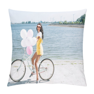 Personality  Side View Of Beautiful Brunette Girl Riding Bike With Balloons Near River Pillow Covers
