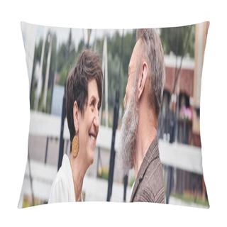 Personality  Happy Senior Woman Hugging Man, Looking At Each Other Outdoors, Romance, Elderly Couple, Banner Pillow Covers