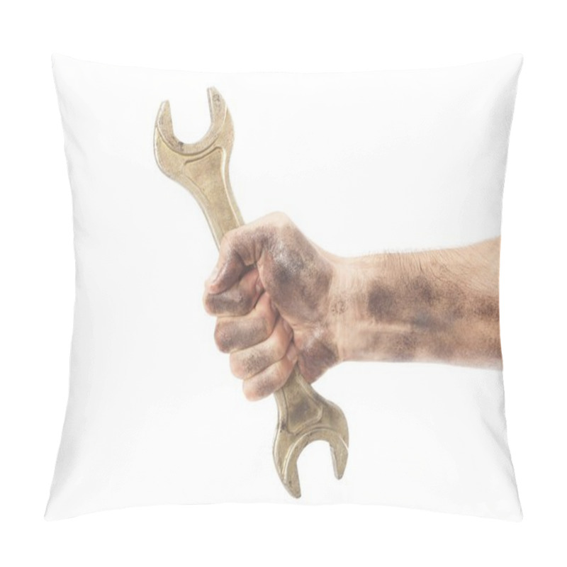 Personality  dirty and oily hand holding wrench tool isolated on white pillow covers