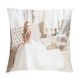 Personality  Young Bride In Tulle Dress Sitting On Sofa In Wedding Salon Pillow Covers