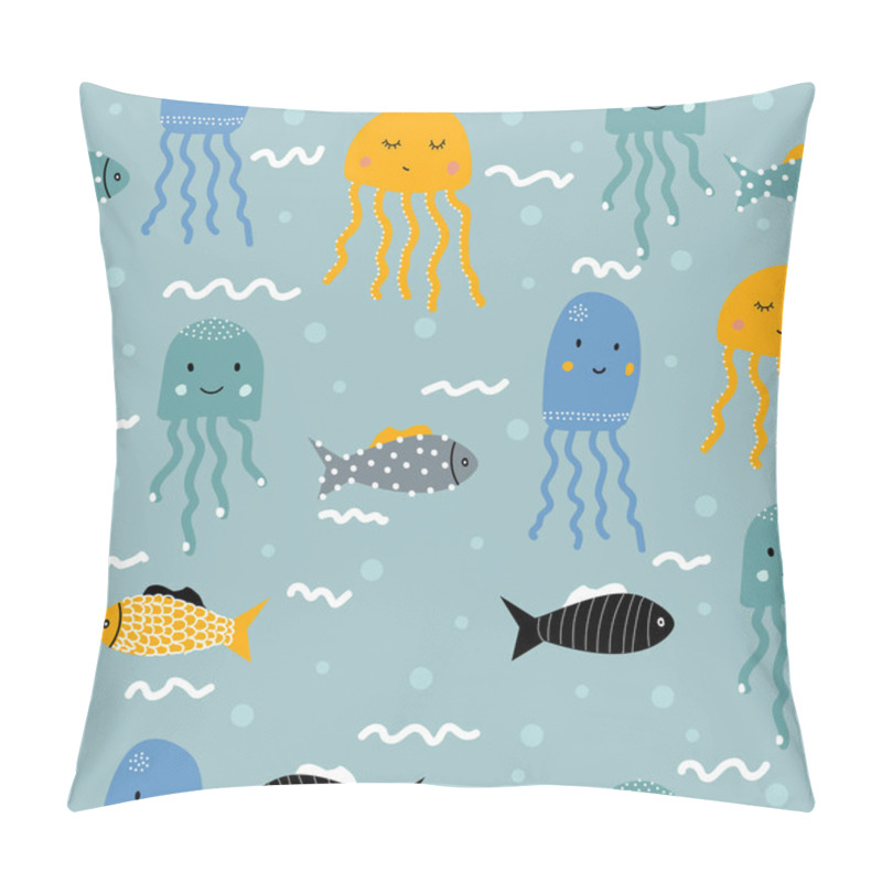 Personality  Seamless pattern with fish and jellyfish. For printing on children's clothes. Scandinavian style. pillow covers