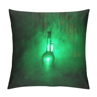 Personality  Antique And Vintage Glass Bottle On Dark Foggy Background With Light. Poison Or Magic Liquid Concept. Pillow Covers