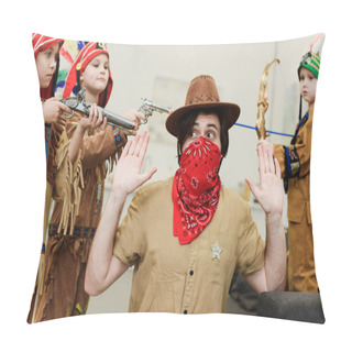 Personality  Father In Hat And Bandana And Little Sons In Indigenous Costumes With Toys Playing Together At Home Pillow Covers