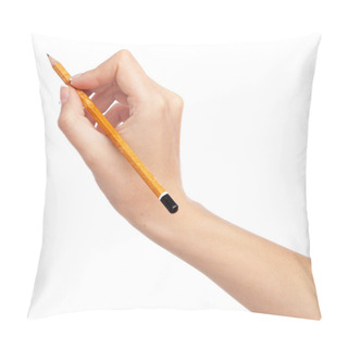 Personality  Female Hand Holding A Pencil, Isolated On White Background Pillow Covers