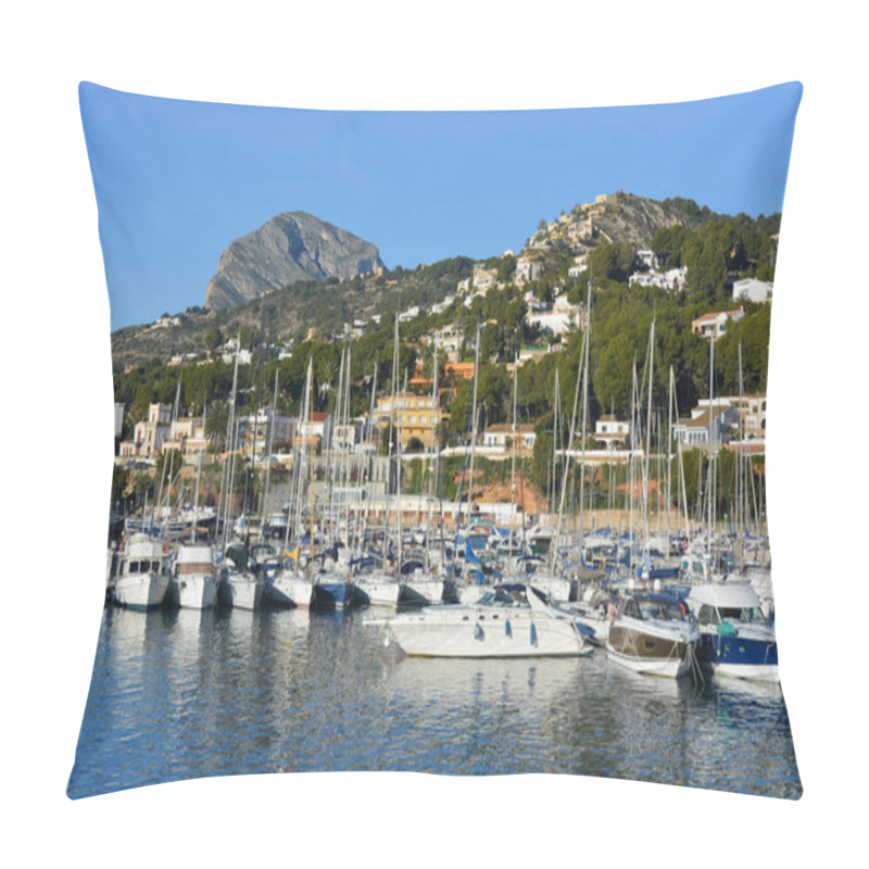 Personality  view to luxury boats in the marina of the picturesque port of Javea on the Costa Blanca,  Alicante Province, Spain pillow covers