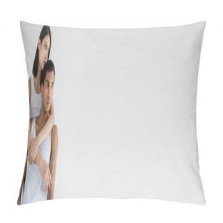 Personality  Young And Stylish Multiethnic Couple In White Tank Tops Looking Away Isolated On Grey, Banner Pillow Covers