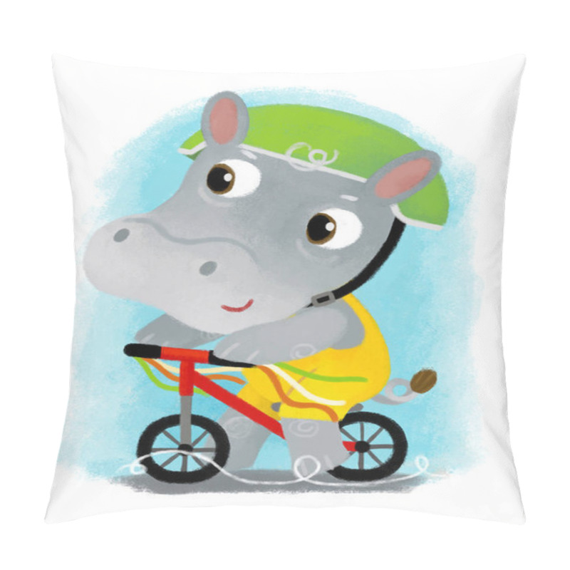 Personality  cartoon scene with happy little boy hippo hippopotamus having fun riding scooter on white background illustration for kids pillow covers