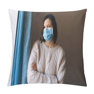 Personality  Portrait Of Young Woman Wearing A Medical Face Mask, To Protect Against Viruses, Germs And Bacteria During Coronavirus Outbreaks And The Flu Epidemic. Looking At Camera, Close Up. Pillow Covers