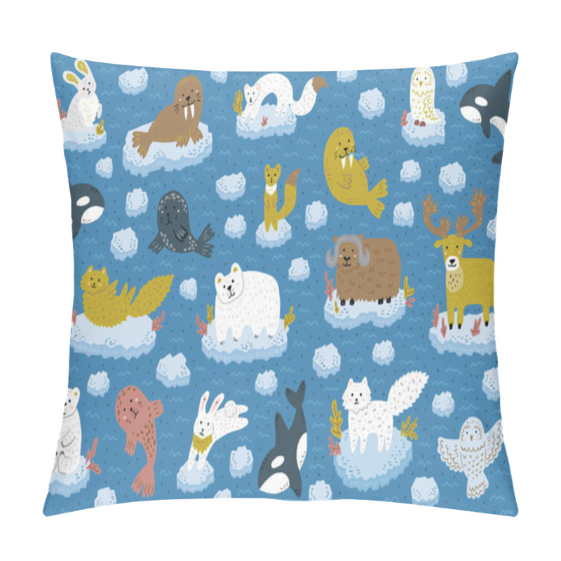 Personality  Collection of north pole animals floating on an ice floe. Cute childish cartoon characters. Vector illustration. pillow covers