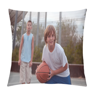 Personality  Kids Play Basketball In A School. Pillow Covers