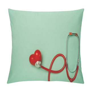 Personality  Top View Of Stethoscope Connected With Decorative Red Heart On Green Background, World Health Day Concept Pillow Covers