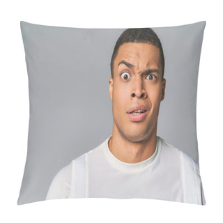 Personality  Young And Discouraged African American In Trendy T-shirt Looking At Camera On Grey Pillow Covers