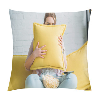 Personality  Woman Looking Out From Cushion While Watching Horror Movie With Popcorn At Home Pillow Covers