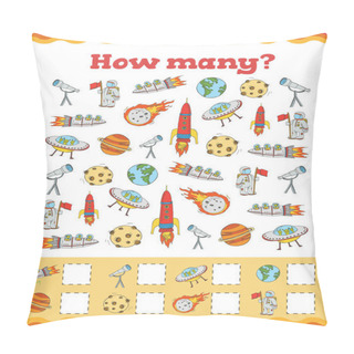 Personality  Counting Educational Children Game, Kids Activity Sheet. How Many Objects Task. Learning Mathematics, Numbers, Addition Theme Cosmos. Pillow Covers