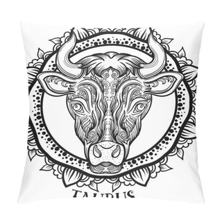 Personality  Detailed Taurus In Aztec Filigree Line Art Zentangle Style. Tattoo, Coloring Page For Adult. T-shirt Animals Design. ZodiacTaurus. Tribal, Decorative Wool Pattern. Vector Pillow Covers