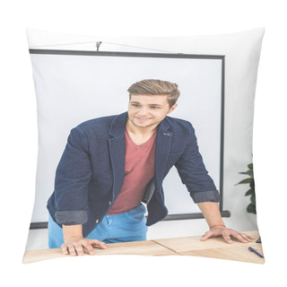 Personality  Smiling Businessman At Workplace Pillow Covers
