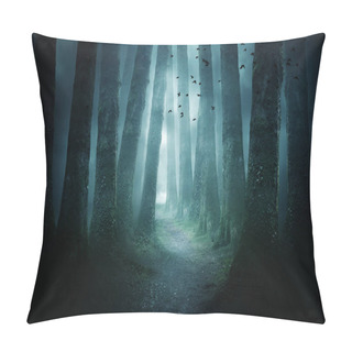 Personality  A Pathway Between Trees Leading Into A Dark And Misty Forest. Photo Composite. Pillow Covers