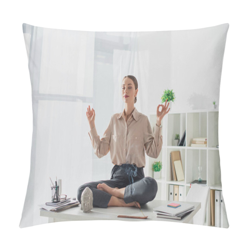 Personality  Attractive Businesswoman Meditating In Lotus Pose With Gyan Mudra At Workplace With Buddha Head And Incense Stick Pillow Covers