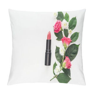 Personality  Top View Of Flowers Composition With Lipstick Isolated On White Pillow Covers
