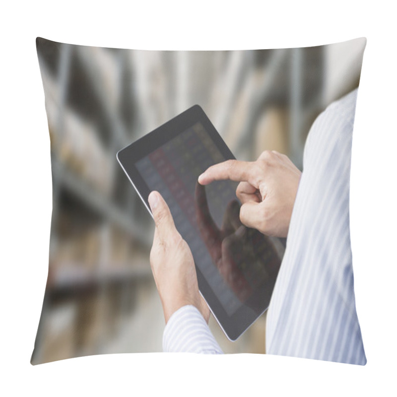 Personality  Businessman checking inventory in stock room on touchscreen tablet pillow covers