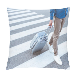 Personality  Cropped View Of A Tourist In White Shoes With Grey Travel Bag Pillow Covers