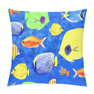 Personality  Watercolor Hand Painted Seamless Pattern With Fish Of Coral Reef Pillow Covers