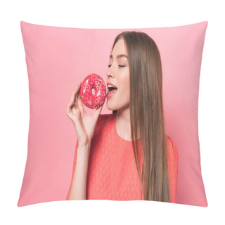 Personality  Smiling Attractive Young Woman Eating Sweet Doughnut On Pink Pillow Covers