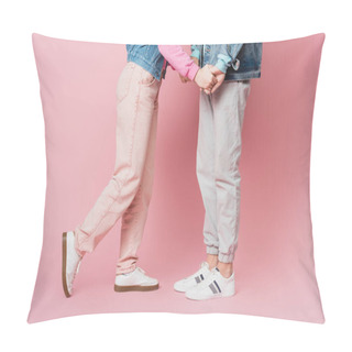 Personality  Cropped View Of Teenagers Holding Hands On Pink Background  Pillow Covers