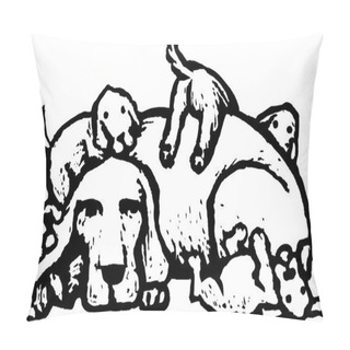Personality  Woodcut Illustration Of Mother Dog With Puppies Pillow Covers