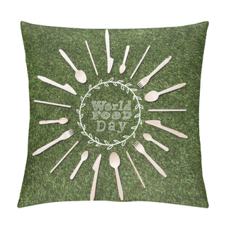 Personality  Top View Of Wooden Spoons With Forks And Knives In Shape Of Sun Lying On Grass, World Food Day Inscription Pillow Covers