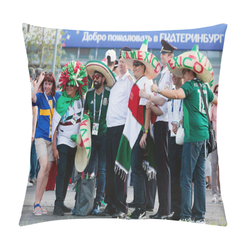 Personality  YEKATERINBURG, RUSSIA - June 27, 2018: FIFA World Cup 2018, Mexican and sweden football fans on the streets of Yekaterinburg pillow covers