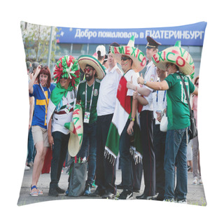 Personality  YEKATERINBURG, RUSSIA - June 27, 2018: FIFA World Cup 2018, Mexican And Sweden Football Fans On The Streets Of Yekaterinburg Pillow Covers