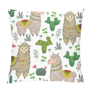 Personality Seamless Pattern With Lama Animal, Cacti And Floral Elements. Hand Drawn Vector Illustration In Watercolor Style. Pillow Covers