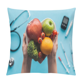 Personality  Fruits And Vegetables In Female Hands With Medical Equipment On Blue Background Pillow Covers
