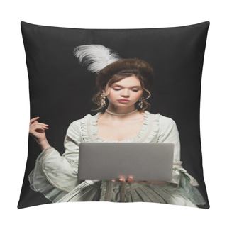 Personality  Charming Woman In Elegant Vintage Outfit Looking At Laptop Isolated On Black Pillow Covers