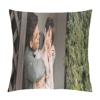 Personality  Smiling Young Man Hugging Happy Middle Aged Mom While Standing Near House On Porch And Celebrating Parents Day, Family Traditions And Celebrations Concept, Banner  Pillow Covers