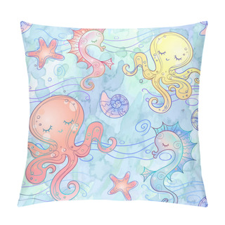 Personality  Seamless Pattern Underwater World Of Octopus And Seahorse. Watercolor. Vector. Pillow Covers