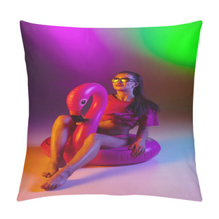 Personality  Beautiful Seductive Girl In Fashionable Swimsuit On Disco Bicolored Neon Studio Background In Neon Light. Summer, Resort, Fashion And Weekend Concept Pillow Covers