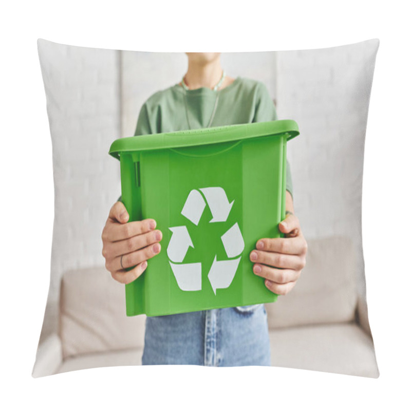 Personality  Focus On Green Plastic Box With Recycling Sign In Hands Of Cropped Woman Standing At Home On Blurred Background, Sustainable Living And Environmentally Friendly Habits Concept Pillow Covers