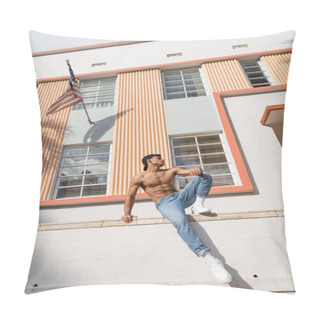 Personality  Cuban Man With Muscular Body Posing In Baseball Cap And Jeans On Street In Miami In Summer Pillow Covers