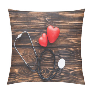 Personality  Top View Of Stethoscope And Red Hearts Symbol On Wooden Table  Pillow Covers