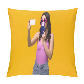 Personality  Woman In Sunglasses Holding Passport With Air Ticket While Taking Selfie Isolated On Yellow Pillow Covers