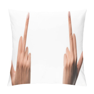 Personality  Panoramic Shot Of Woman Showing Middle Fingers Isolated On White Pillow Covers
