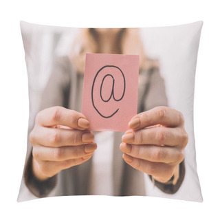 Personality  Cropped View Of Businesswoman Holding Paper Note With Email Sign  Pillow Covers