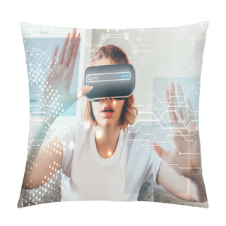 Personality  Emotional Girl Gesturing And Using Virtual Reality Headset With Signs At Home On Quarantine With Search Bar Pillow Covers