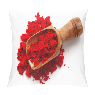 Personality  Top View Of A Wooden Scoop Filled With Auspicious Red-colored Sindoor (vermilion) Or Kumkum Isolated On A White Background. Pillow Covers