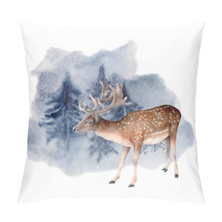 Personality  Watercolor Deer In Winter Forest. Hand Painted Animal Illustration With  Fallow Deer And Pine Trees Isolated On White Background.  Holiday Clip Art For Design, Print. Christmas Card. Pillow Covers