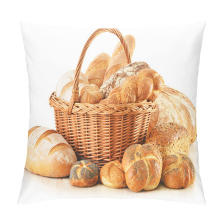 Personality  Bread And Rolls In Wicker Basket Isolated On White Pillow Covers