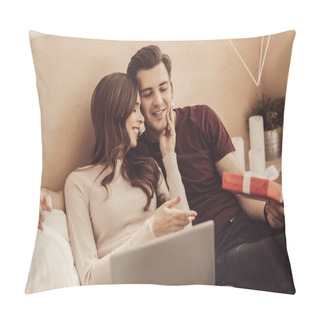 Personality  Dark-haired Young Woman Feeling Romantic Touching Her Smiling Lovely Boyfriend Pillow Covers