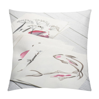 Personality  High Angle View Of Paper With Japanese Painting On Wooden Background Pillow Covers